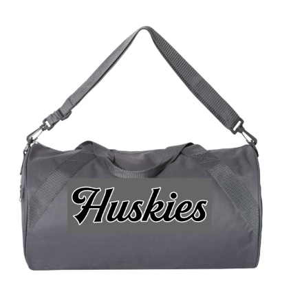 Grey 18" Duffle Bag with Black and White Cursive Huskies Design