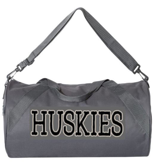 Grey 18" Duffle Bag with Black Huskies Design outlined in Metallic Silver
